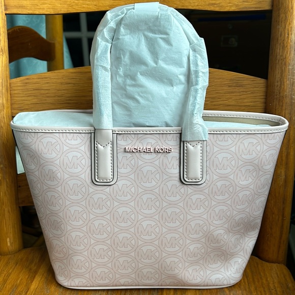 NEW Michael Kors Jodie Small Logo Jacquard Tote Bag color pink/powder blush - Picture 1 of 6